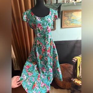 Vintage Floral Scoop Neck Cotton Dress in Teal